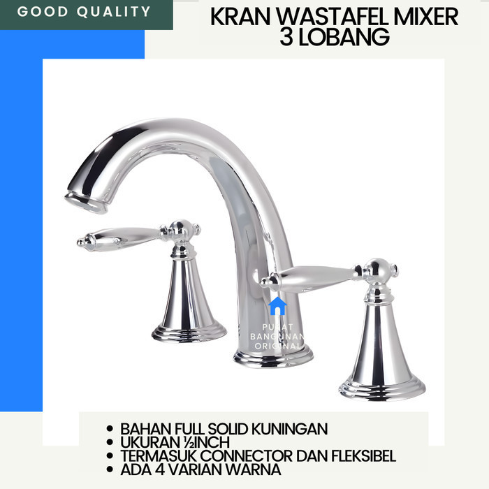 KRAN WASTAFEL 3 LUBANG KERAN AIR PANAS DINGIN MIXER GLOSSY CHROM BERTU