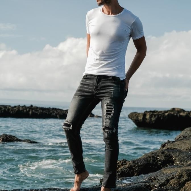 Weird Jeans - Light Grey- Celana Jeans Pria RIPPED Stretch tambal - Light Grey,34