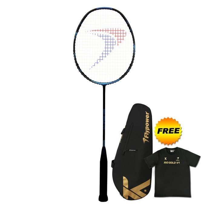 Flypower Rio Gold V1 Raket Badminton - Black Blue Free Tas Kaos