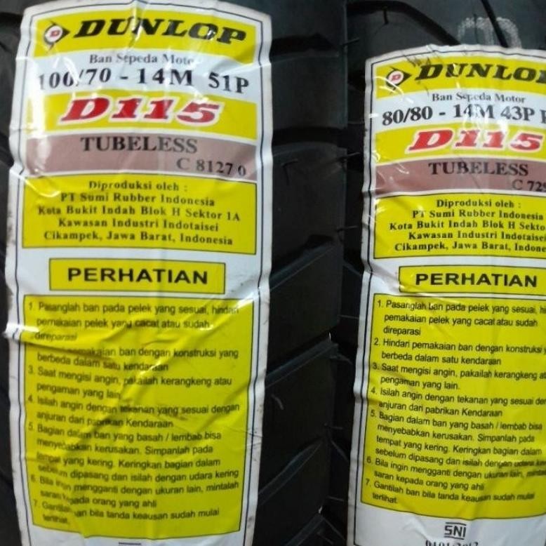 ADF 1 PAKET BAN DUNLOP D115 MIO S FINO 125 MIO GEAR  100/70 | 80/80 RING 14 BONUS PENTIL TUBELESS TE
