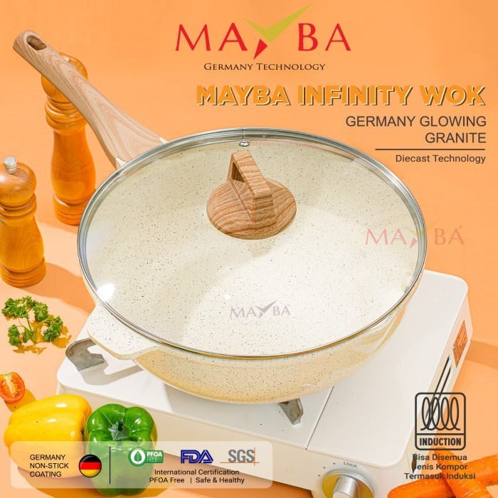 Panci Wok 24 Cm Mayba Infintiy Cookware Granit Pan + Tutup Kaca