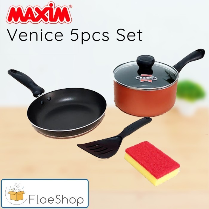 Maxim Panci Venice Set 5 Pcs Maspion Panci Tutup Kaca + Wajan Teflon