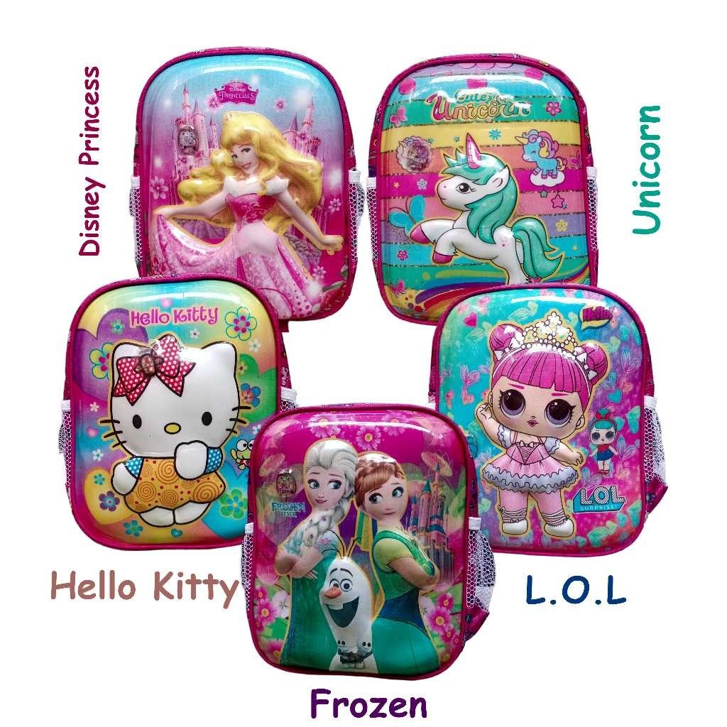 CUh Tas Ransel Sekolah Karakter Anak Perempuan Paud Timbul 3D Lampu Led Pony Frozen Lol Boba Hello