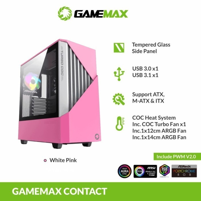 Gamemax Contac Coc White Pink E-Atx Gaming Pc Case With Coc Fan & Pwm