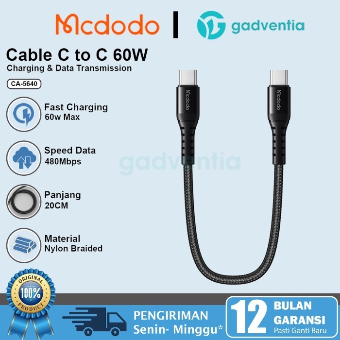 MCDODO Kabel Charger Pendek Power Type C to Type C Power Fast Charging 60w 20CM Android Samsung Vivo
