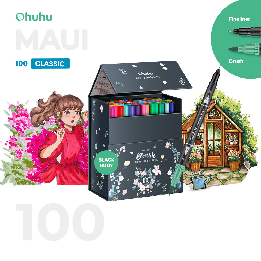 

OHUHU Maui 100 Colors Pens (Brush & Fineliner) Water Based Watercolor Markers