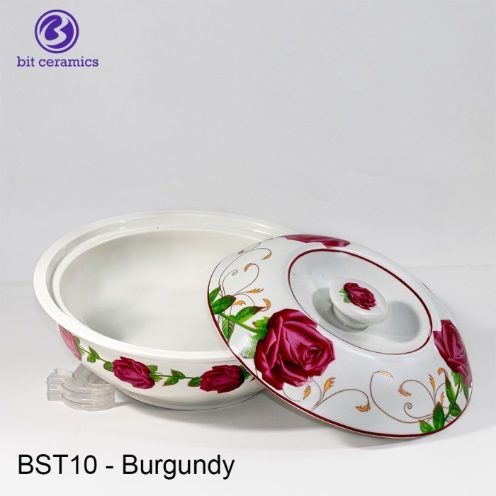 Mangkok Saji Keramik + Tutup Motif Bunga 10Inch Bitceramics / Bst10