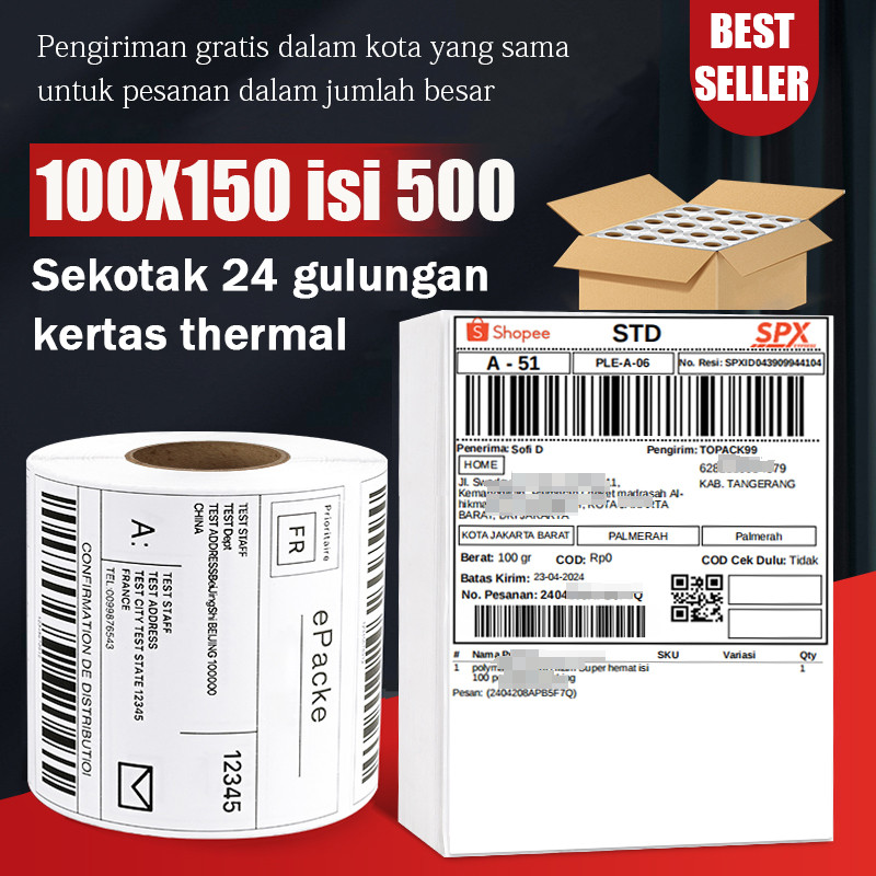 

Kertas Thermal 100 x 150 isi 500 Label Kertas Tidak Luntur Lem Kuat mura