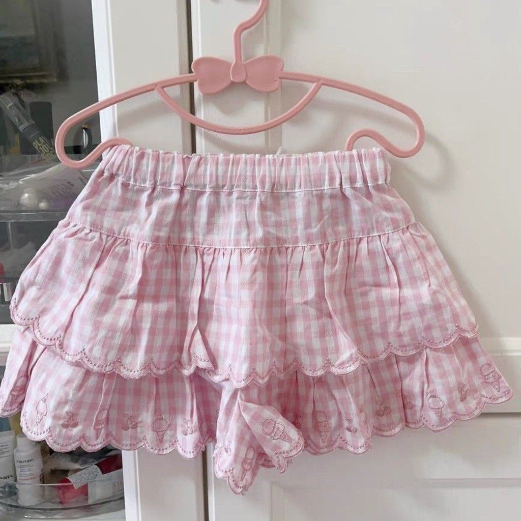 Plaid Skirt High Waist Slimming Ice Cream Embroidery Puff Short SkirtAWords