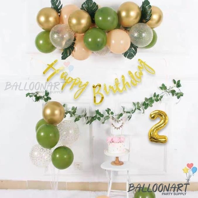 RETRO SAGE GREEN AND GOLD BIRTHDAY DECORATION SET/DEKORASI ULTAH ANAK