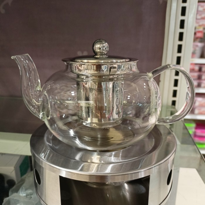 Delicia Teko Teh Dgn Penghangat Tea Set Kaca Borosilicate Tahan Panas