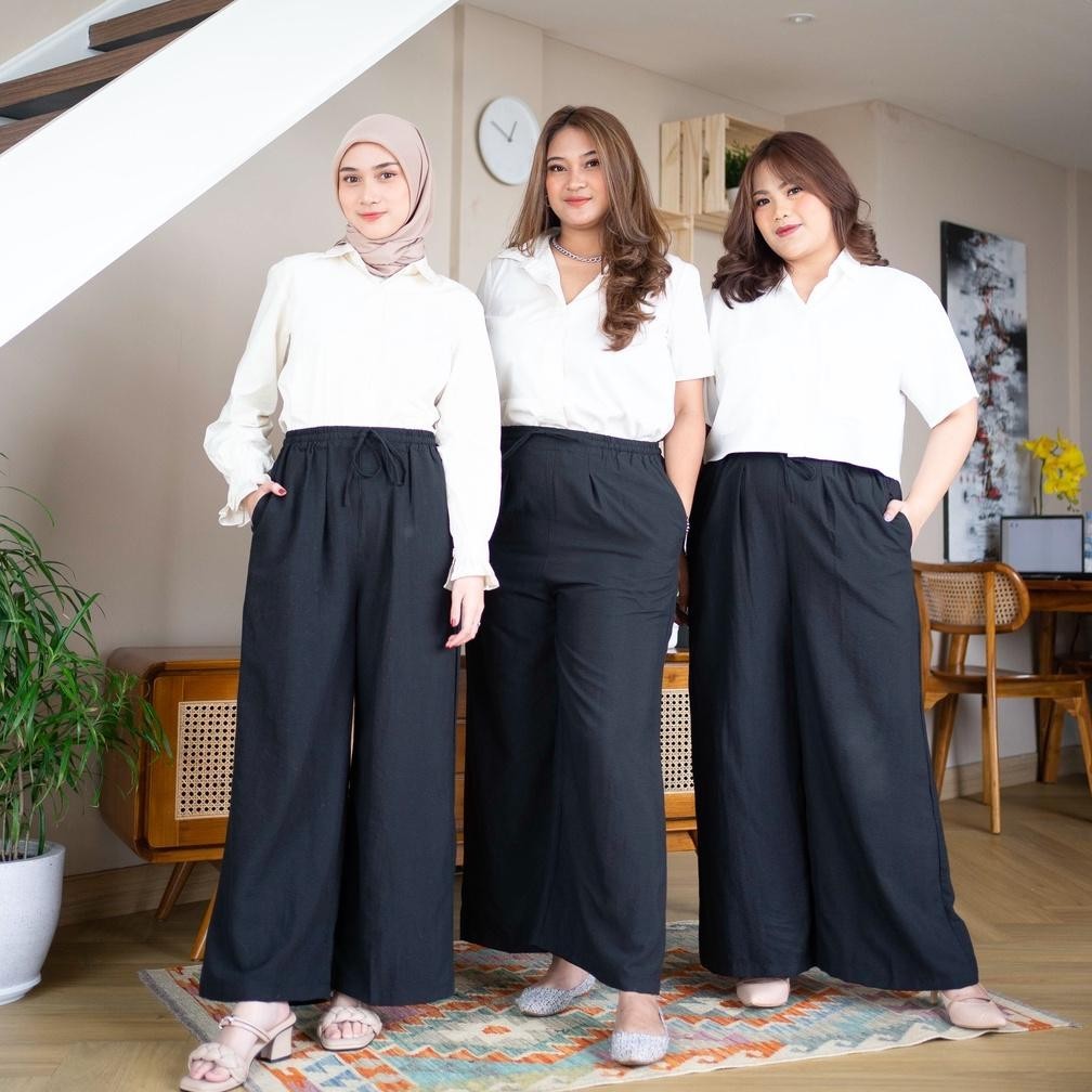 Celana Kulot Jumbo Wanita . Naya Panjang Wanita Kulot Pinggang Karet Daily Pants Bahan Airflow Crink