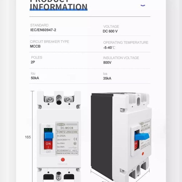 Mccb 2P Dc 600V Dc Perlindungan Kelebihan Beban Pemutus Sirkuit Pv