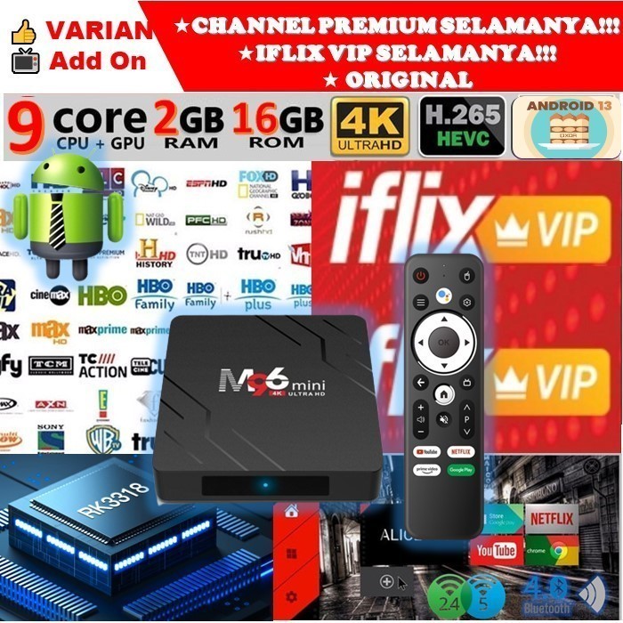 STB Android 13 Smart TV Box Android M96 Mini Voice Remote Ram 2GB Rom 16GB 2/16 Unlock Full Channel 