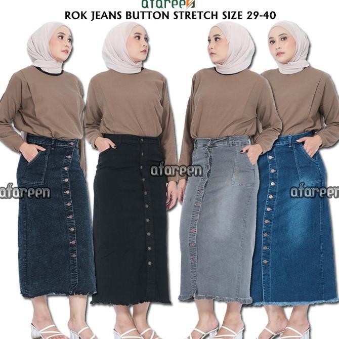 Rok jeans panjang span rok denim rawis rok jeans kancing depan stretch