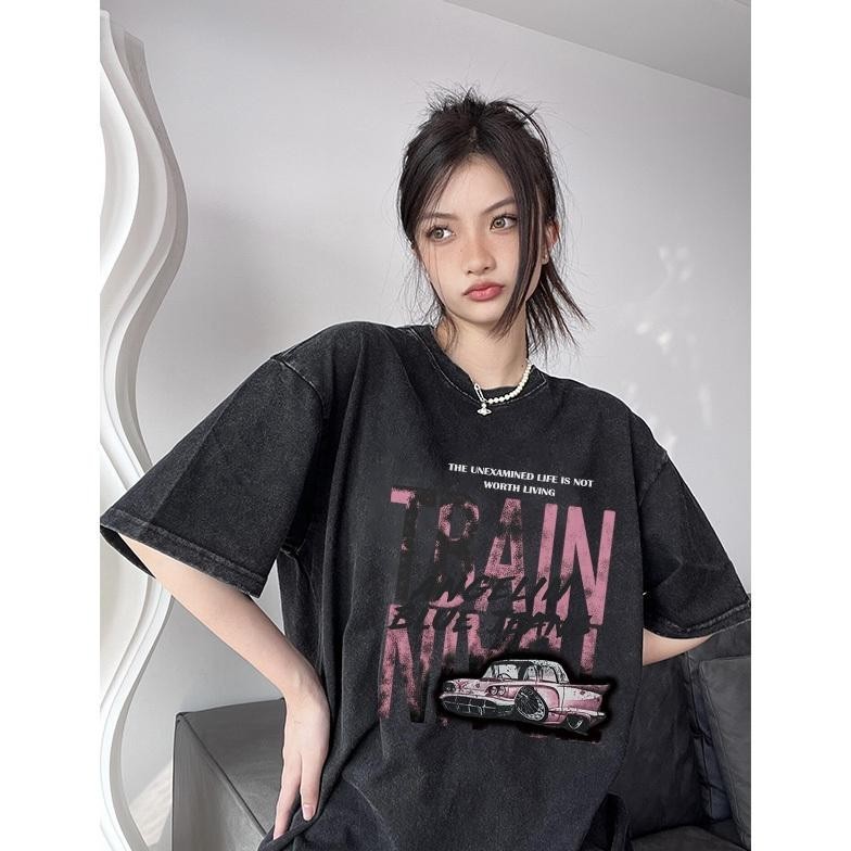 Misco T-Shirt Crop Top Lengan Pendek Kaos Wanita Crop Top Serut Bahasa Inggris Amerika Retro Kaus Cr