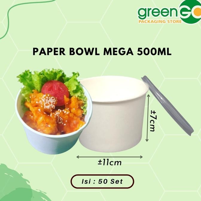 PAPER BOWL MEGA POLOS 500ML 50 SET TUTUP CUP RICE BOWL SIZE MEDIUM