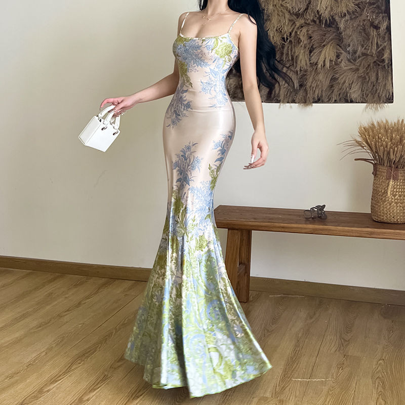 Sexy Printing Slip Dress/Retro Waist-Controlled Slimming Temperament Fishtail Dress