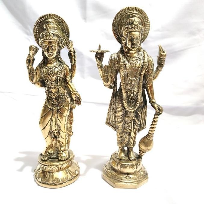 Patung dewa wisnu dan dewi Laksmi 27cm berdiri gold kuningan set
