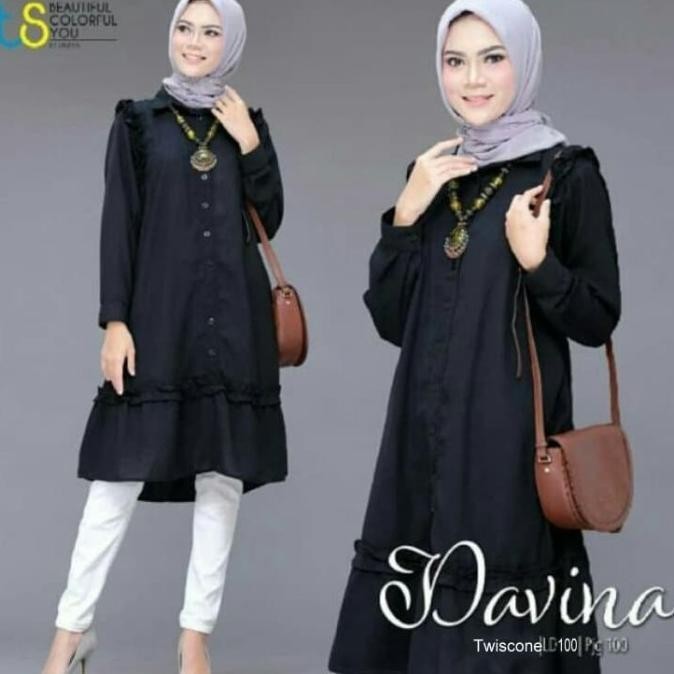 DAVINA TUNIK HITAM TWISCONE ATASAN WANITA ATASAN MUSLIM BLOUSE TUNIK BLOUSE MUSLIM WANITA CEWEK PUTR