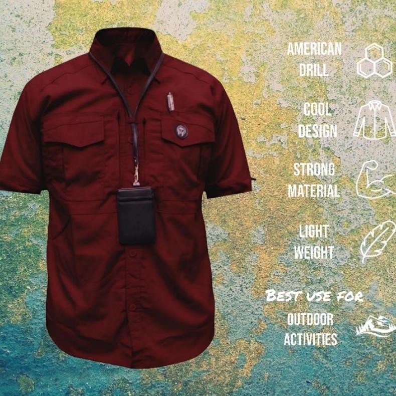 Baju Kemeja Tactical Pria Lapangan Outdoor Lengan Pendek Maroon Dan Distro Bahan Drill Unisex Cassua