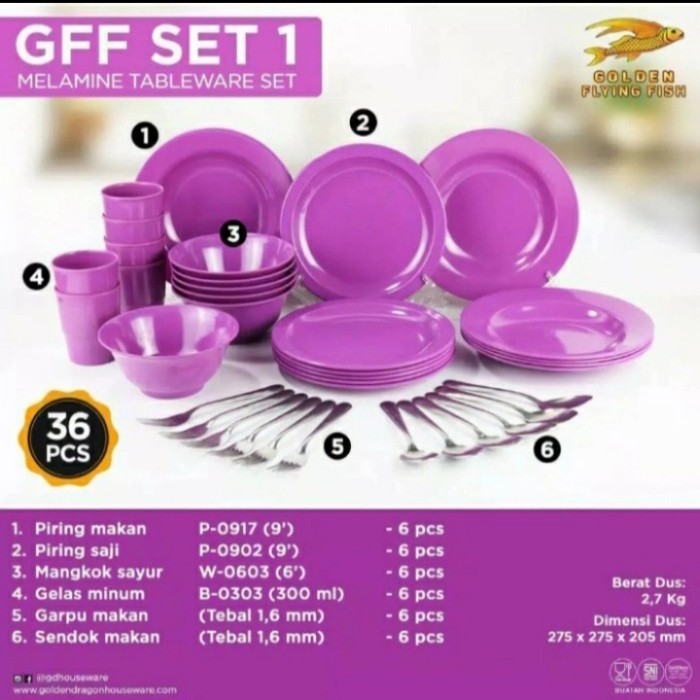 Piring&Mangkok&Gelas Melamin Gff Set 1 Golden Flying Fish 36 Pcs - Bi