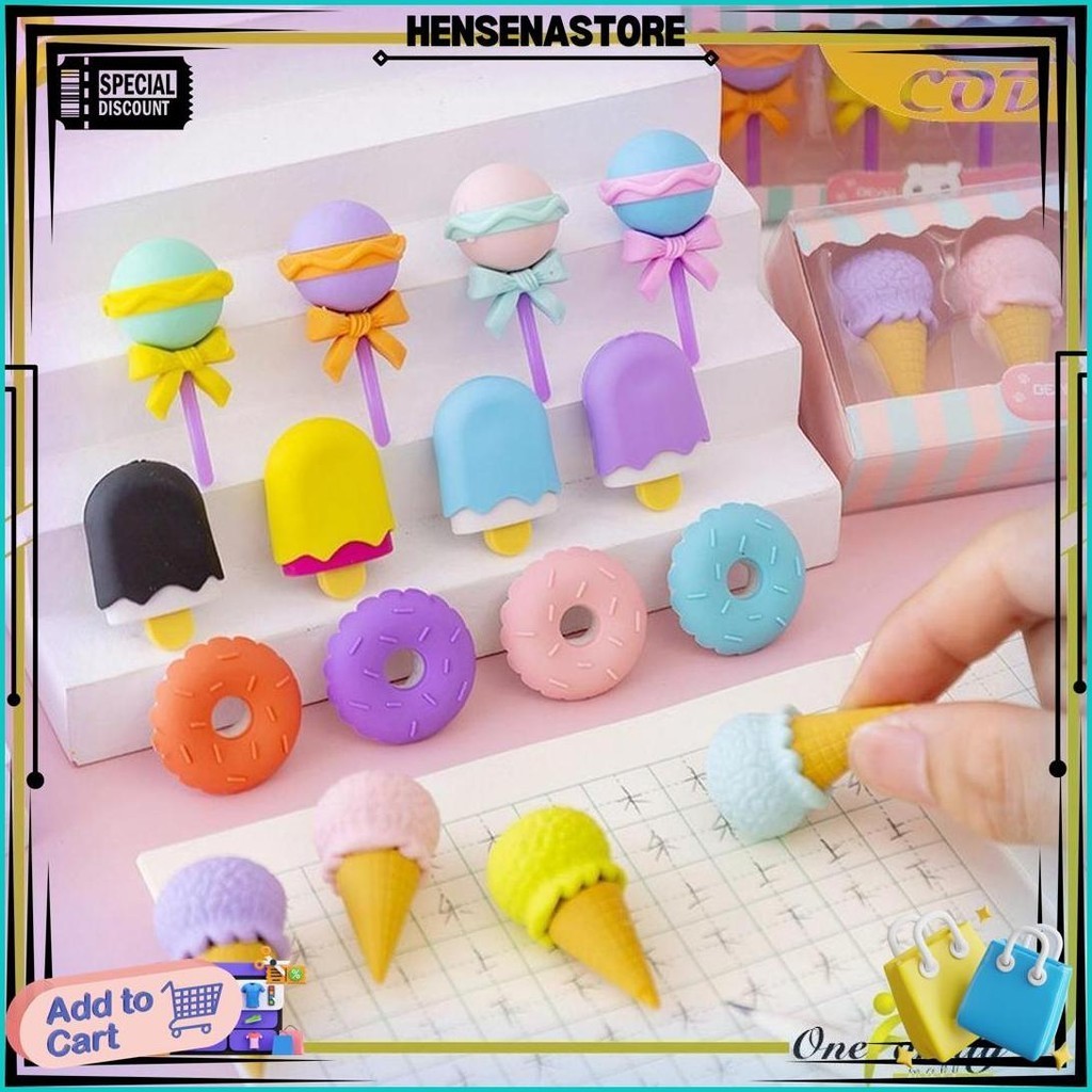 

One-A53 Penghapus Pensil Set 4In1 Motif Lolipop / Alat Tulis Penghapus Lucu Isi 4Pcs Karakter Donat Eraser Ice Cream Import Best Seller