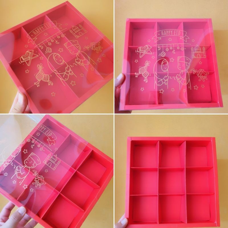

5 pcs dus box eggtart mika motif idul fitri merah sekat 9 size 7,3 cm cake box kotak hampers packaging