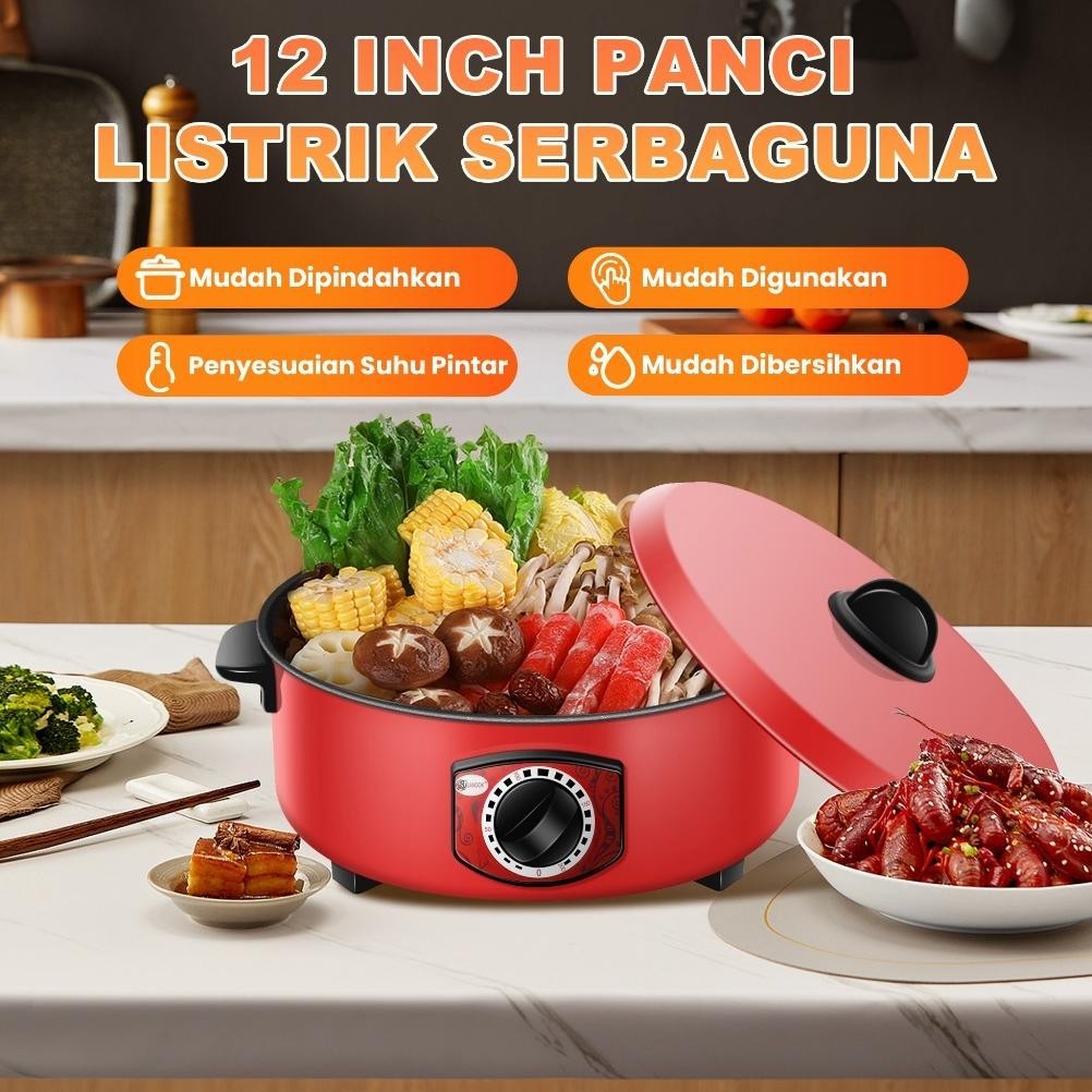 Panci Listrik Serbaguna 12 inch Panci Listrik Besar Elektrik Fry Pan Wajan Listrik Enamel Teflon Mul