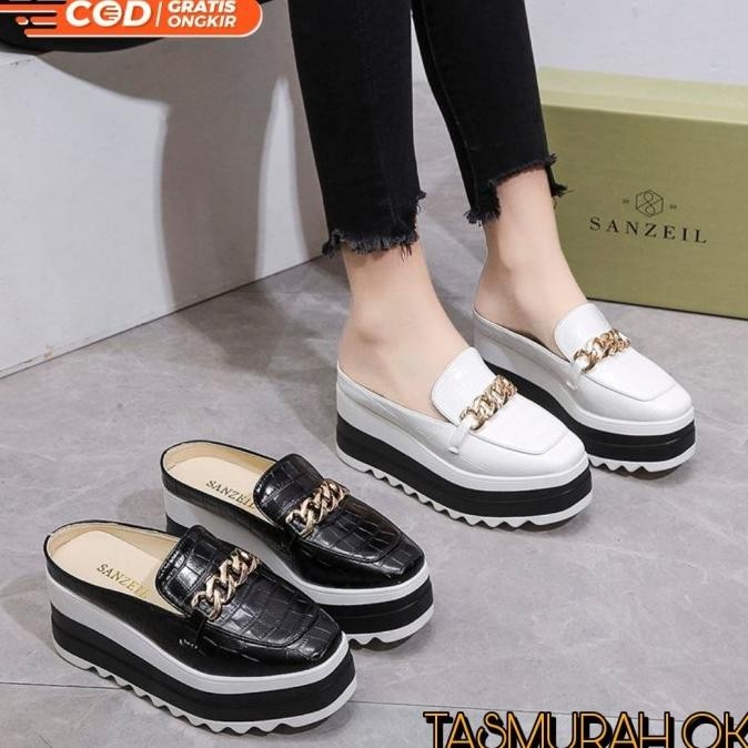 Sepatu Sandal Wedges Wanita Tinggi Selop Hak Tinggi Kulit Croco Chain