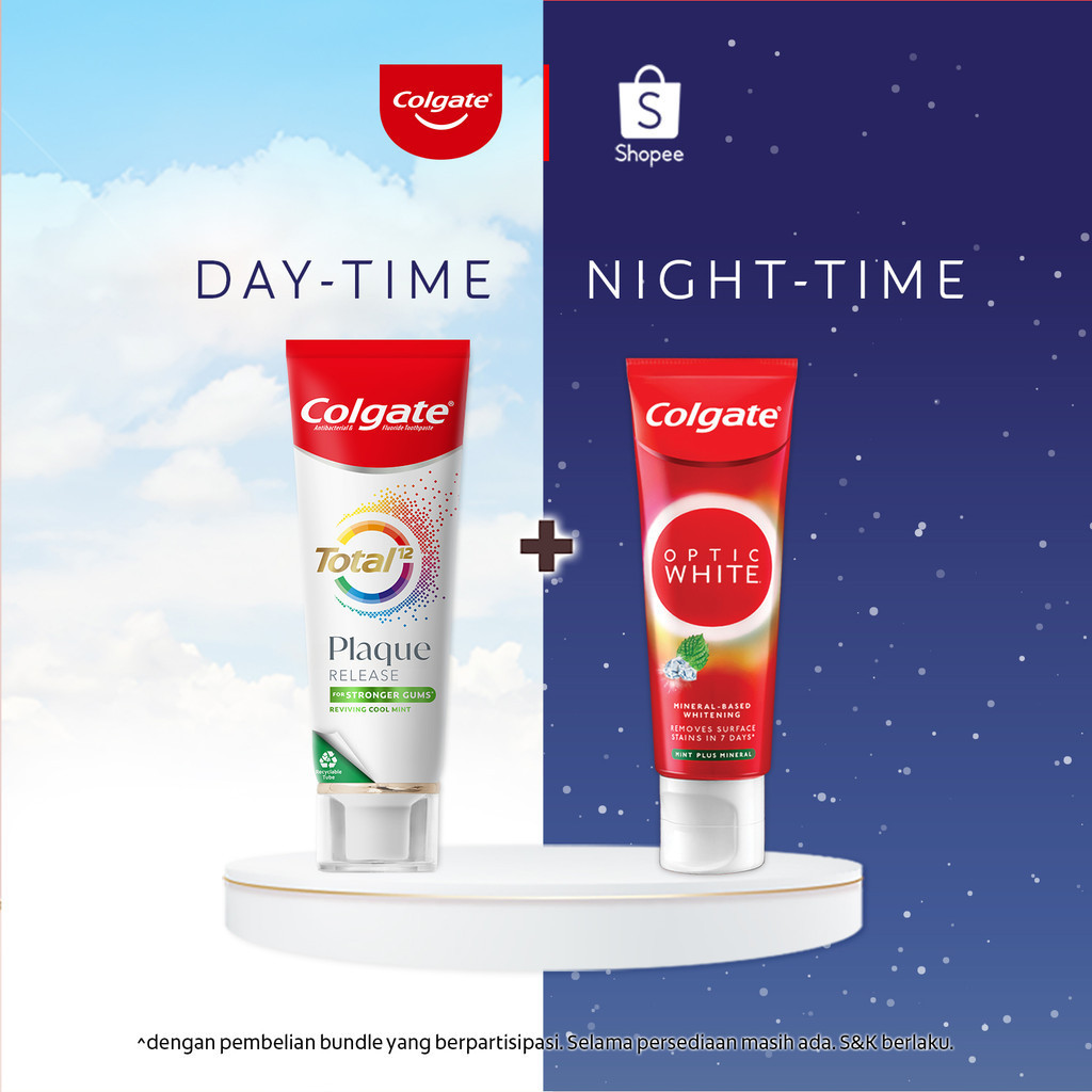 Paket Day & Night Oral Care 3 (Colgate Total Plaque Release Reviving Cool Mint 95g + Colgate Optic W