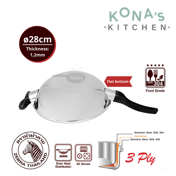 Zebra 3 Ply Wok Vitalux 28 Cm Deep Ih Bakelite Handle (175328) / Wajan