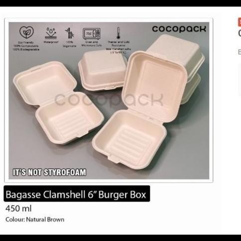 

Bagasse Clamshell 6 inch Burger Box 450ml Natural BROWN Food Container