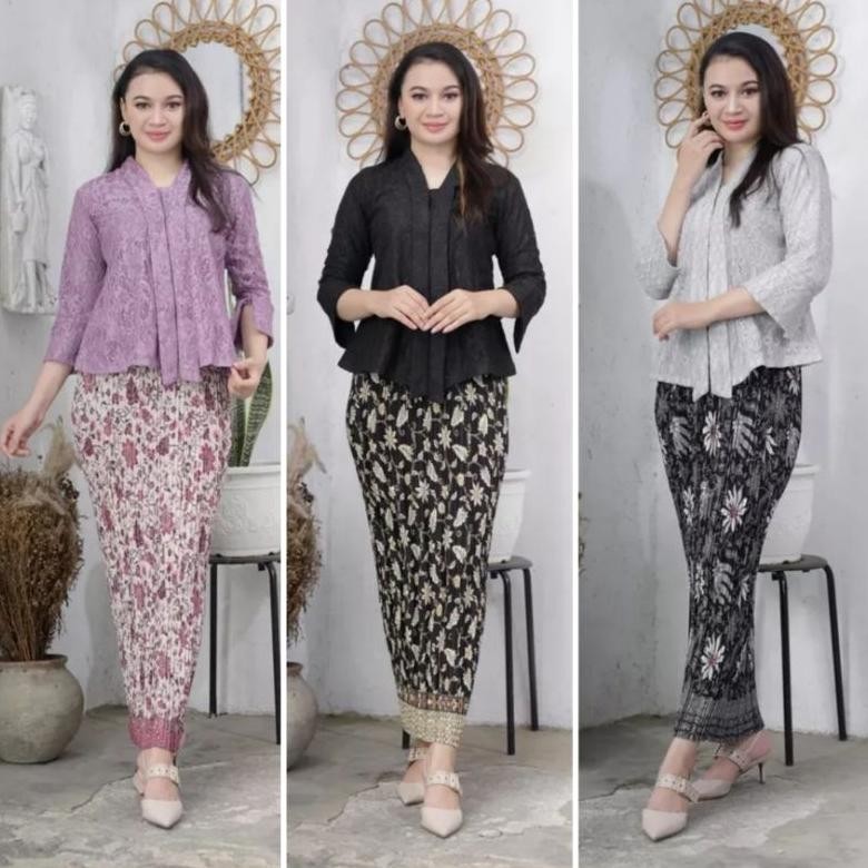 As25 Setelan Kebaya Modern Floy Kutu Baru Brokat Dan Rok Plisket Batik Panjang Dewasa / Baju Kebaya 