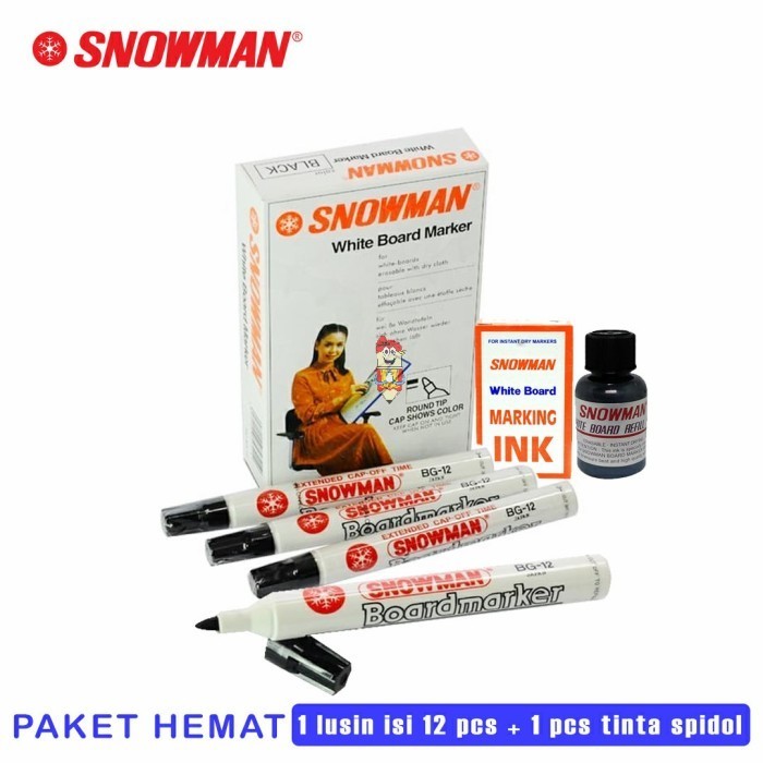 

Sarila Paket Spidol Whiteboard Snowman Black 1 Lusin + Refill 1Pcs