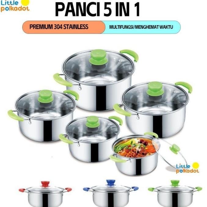 Panci Set 5 PCS Tutup Kaca Stainless 16/18/20/22/24cm Stock Pot Serbaguna Panci Susu Anti Lengket Pa