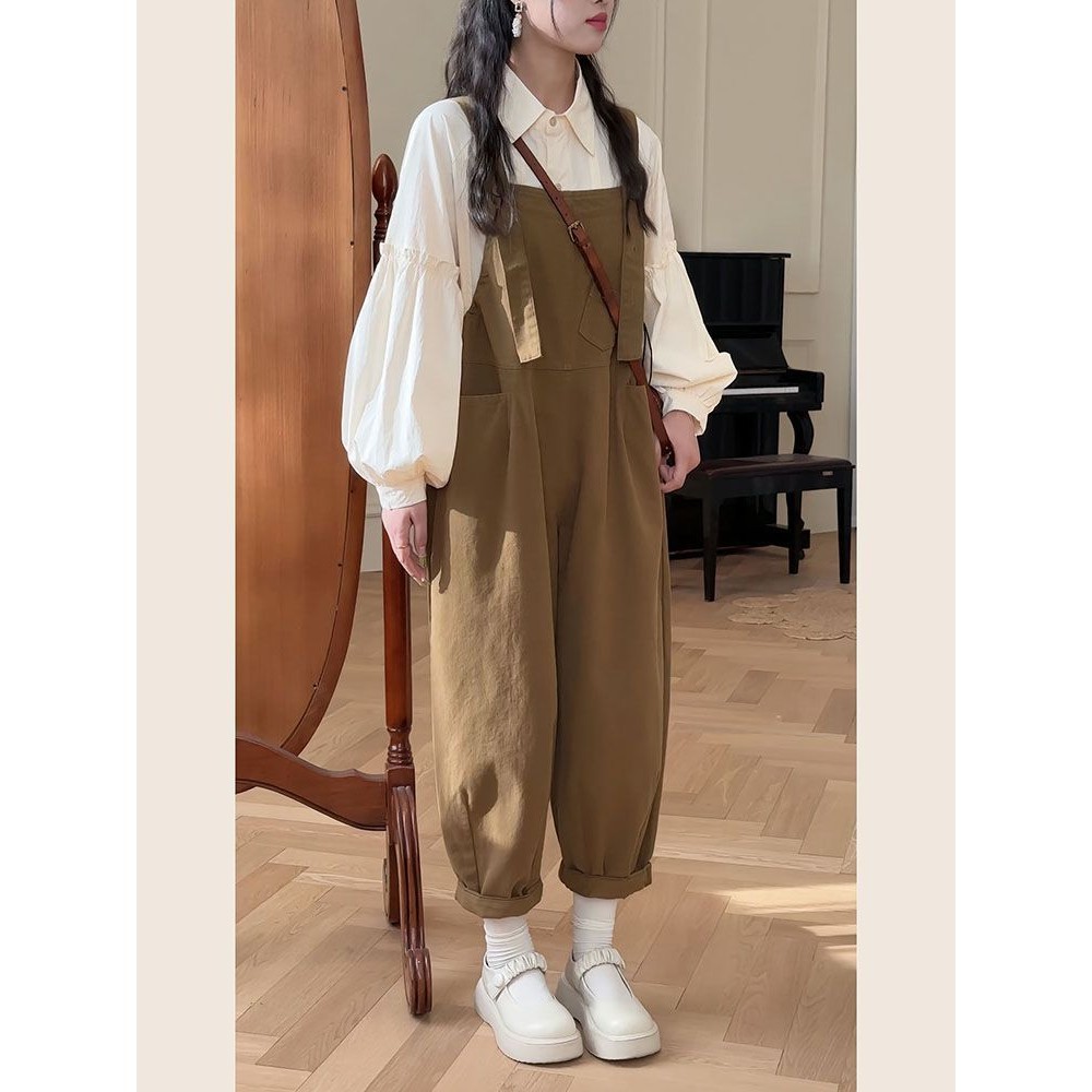 Preppy Style Milk Series Wear White Shirt Suspender Pants Two-Piece Set