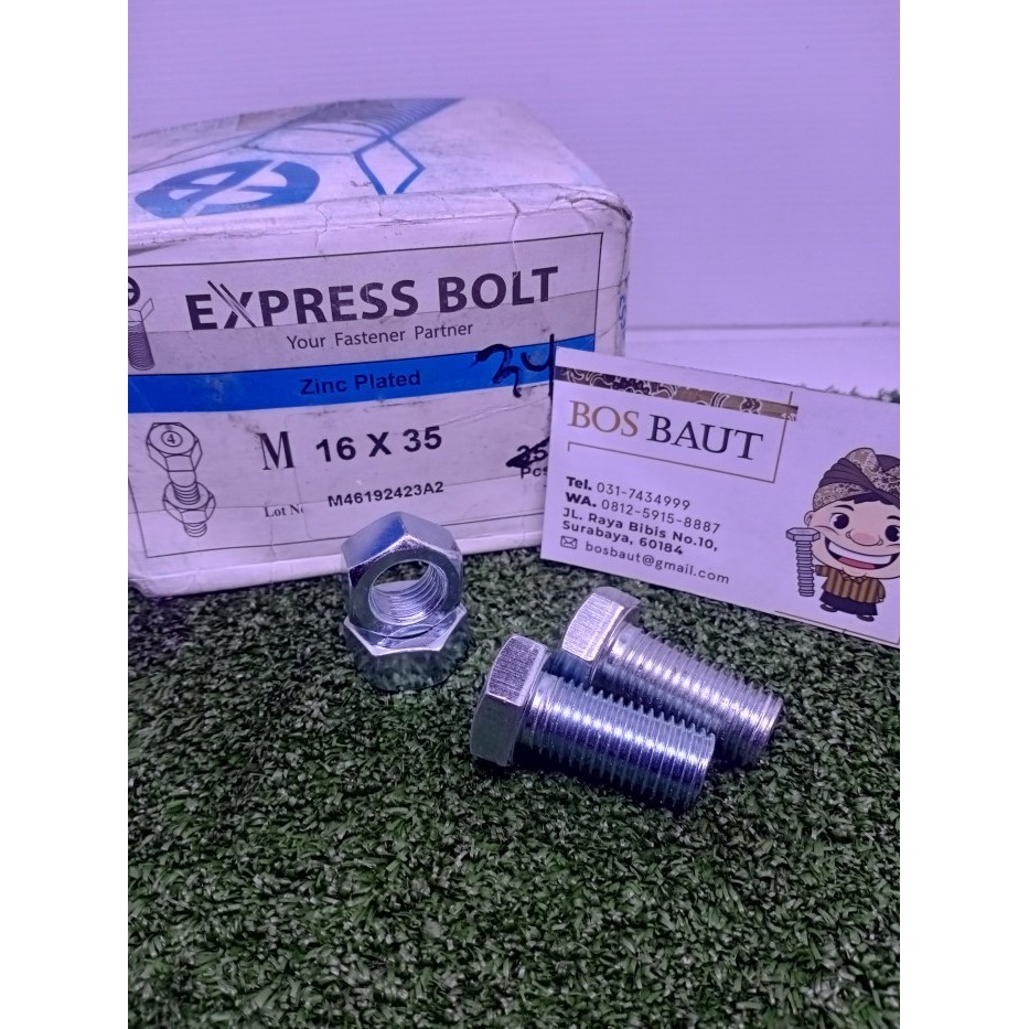 Baut Mur Besi, Baut Mur Hexagon Besi M16X35 Putih P2.0 (Kunci 24)