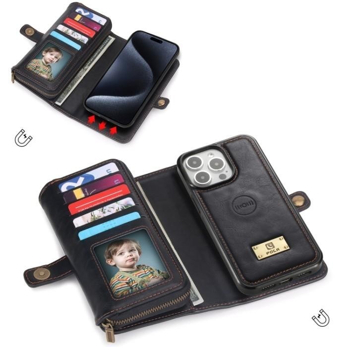 SS4125 - MULTI ZIPPER WALLET LEATHER CASE IPHONE 14 - 15 - PLUS - PRO - MAX BLACK Import Premium