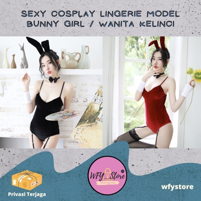 TERPERCAYA Sexy Lingerie Cosplay Sexy Bunny Kelinci Set Baju + Bando + Stocking