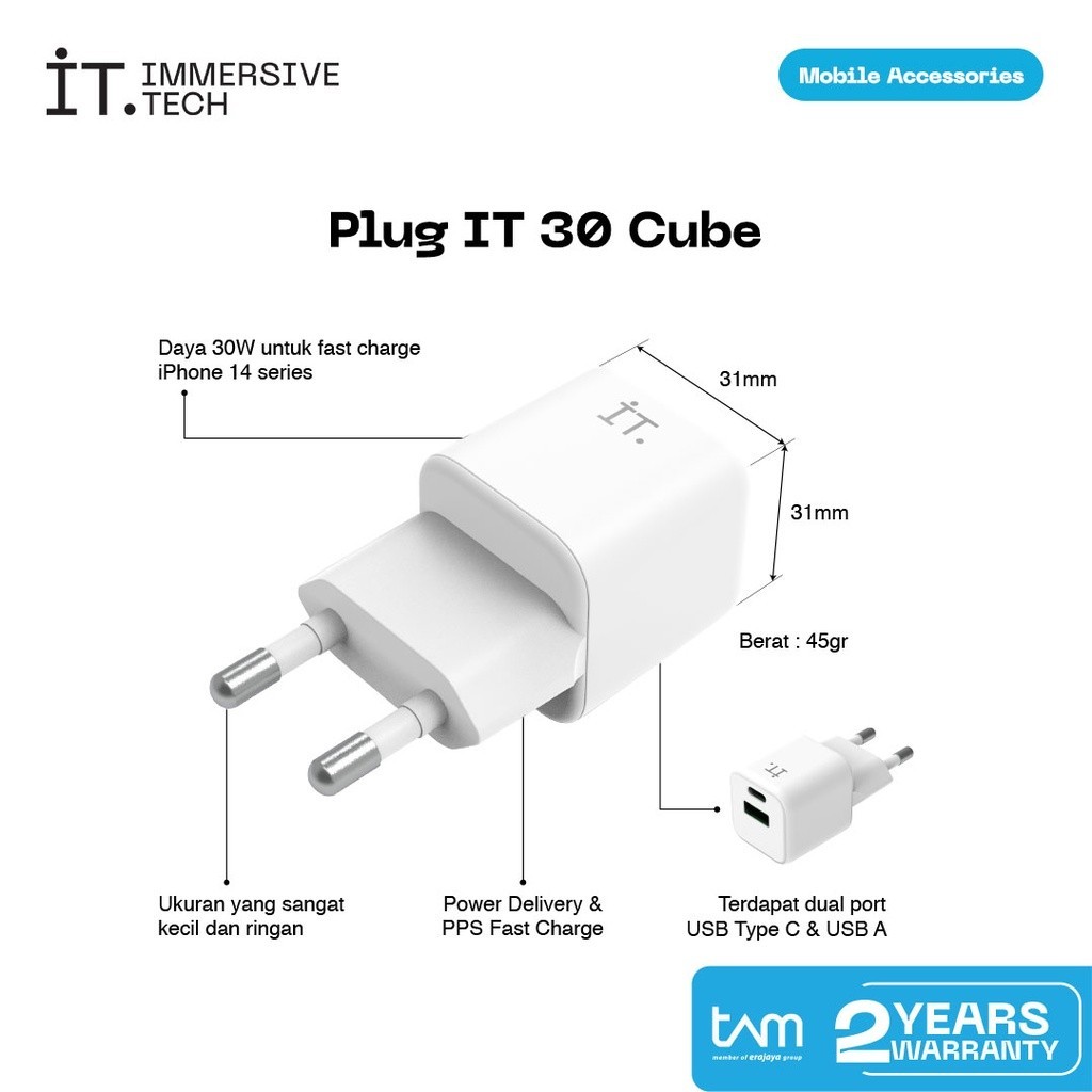 It Plug 30 Watt Cube Dual Port Type A&C Pd & Pps Fast Charger - White Premium