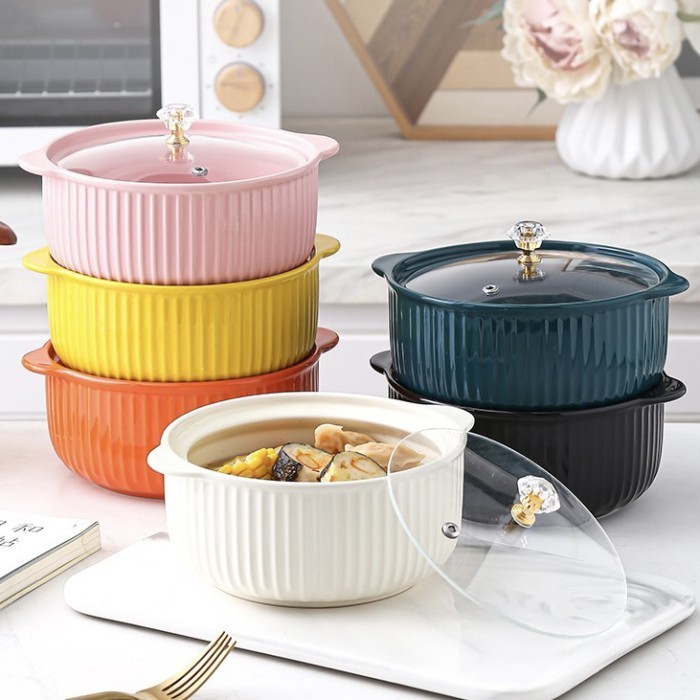 Ruiz Bowl Mangkok Keramik Pakai Tutup Kaca Wadah Saji