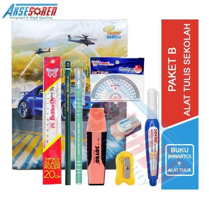 

Paket Alat Tulis Sekolah Anak [ TK / SD / SMP / SMA ] / 1 Set Alat Tulis Sekolah / Perlengkapan Alat Tulis Buku 58 Lembar / Buku Tulis 38 Rautan Pensil P-88 Pulpen Jel JK-100NT Penghapus Kecil Tipe X Highlighter Joyko BIG SALE