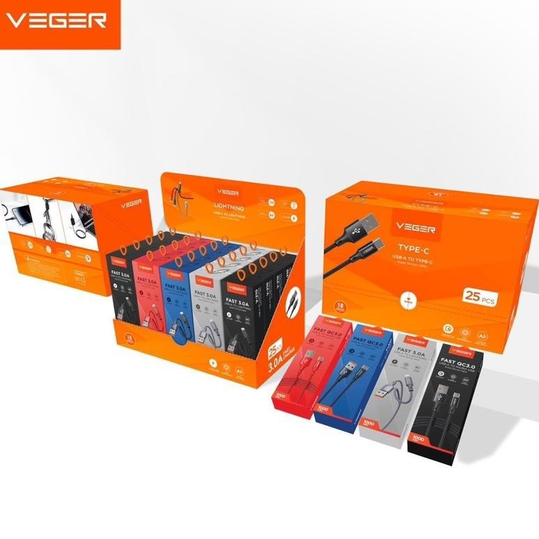 SGH - Kabel data VEGER V190 MICRO , V200 TYPE C , V210 LIGHTNING 3A fast charging ORIGINAL GARANSI R