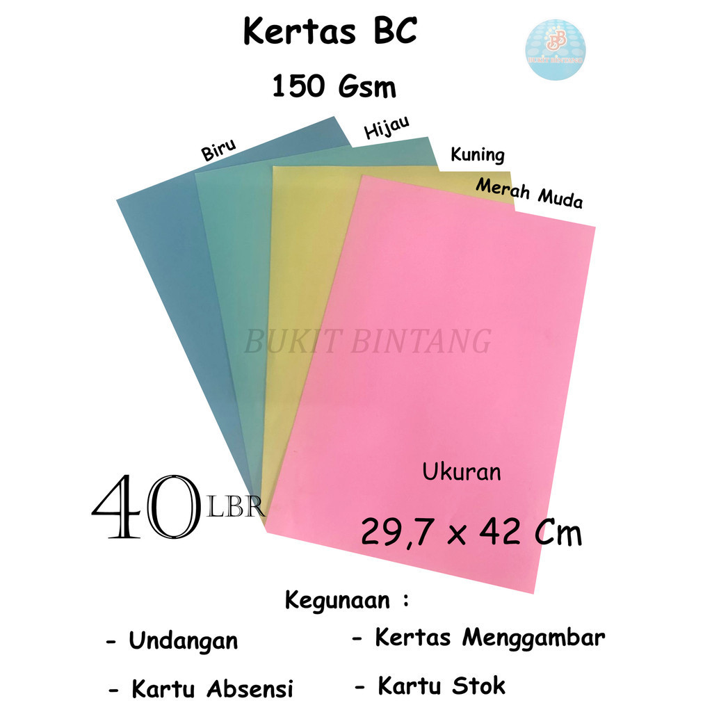 

Karton manila / Kertas Bc Warna / Bc Kuning , Bc Merah Muda , Bc Hijau , Bc Biru ,150 Gsm Uk 29,7 x 42 Cm , Isi 40 Lembar