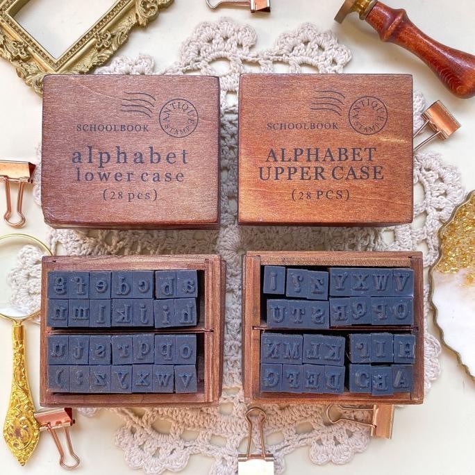 

28Pcs Stempel Huruf Vintage Wooden Box Alphabet Number Stamp Cap Stempel Huruf Angka Aesthetic Retro Diy Jurnal Scrapbook