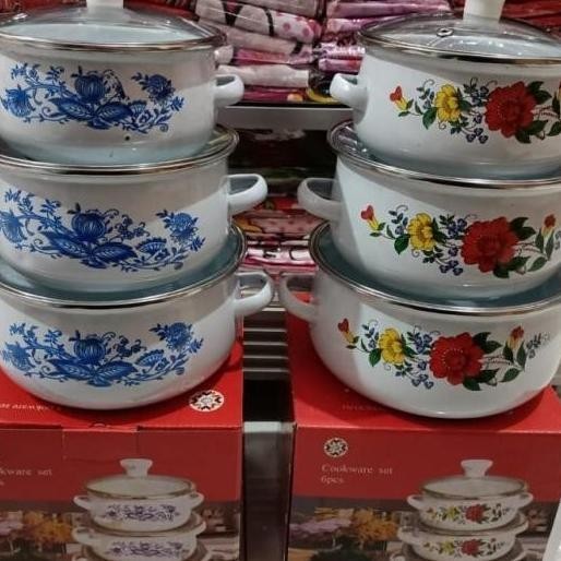 Panci Set Enamel Panci Susun Motif Bunga / Reoona 3 Pcs Tutup Kaca