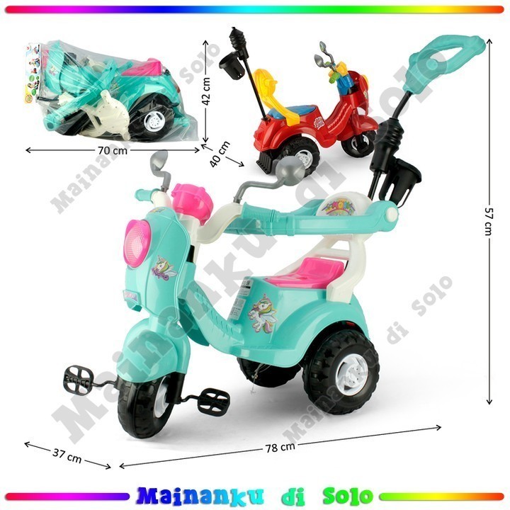 [Mainanku] Sepeda Anak Roda 3 Motor Vespa Baterai Need Suara Musik Lagu Anak Lampu & Dorongan Scoote