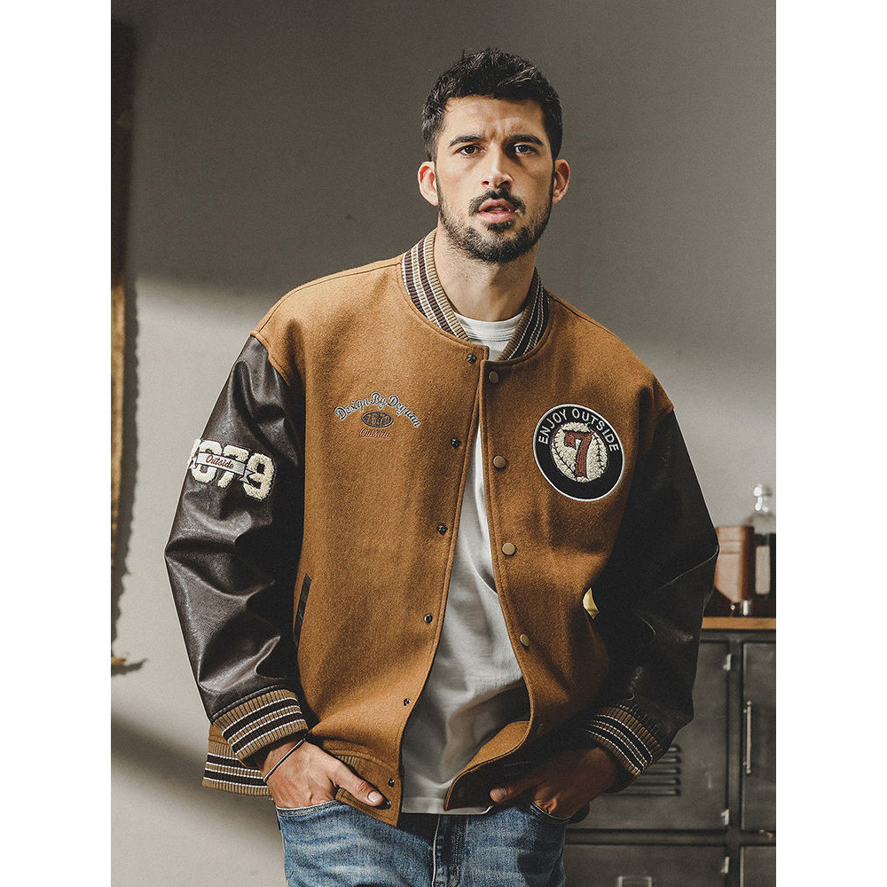 720gMantel Wol Berat Pria Musim Gugur dan Musim Dingin Seragam Bisbol Retro Amerika Longgar Merek Fa