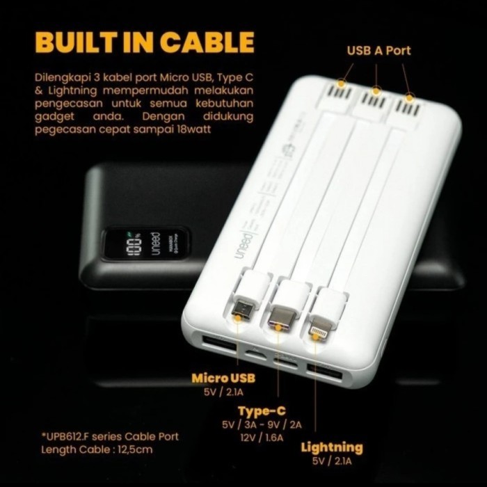 Powerbank Uneed Manabox C10 Built In 3 Cable 10000 Mah 10000Mah Kabel